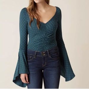 FREE PEOPLE WOMENS NWT POLKA DOT TOP DARK GREEN Sz. SMALL